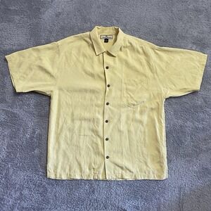 Tommy Bahama Hawaiian Silk Shirt Mens Size Medium Yellow Stripe Design Button Up
